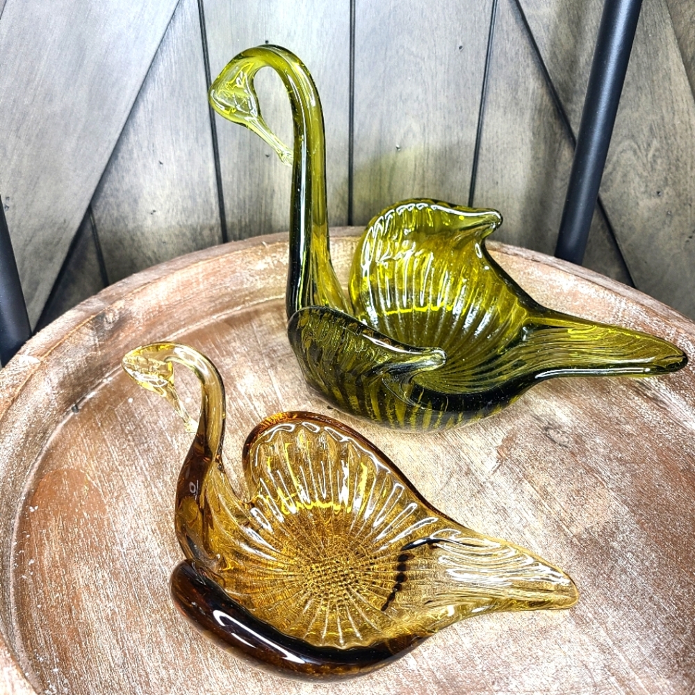Vintage Hand Blown Art Glass Swan Trinket Dishes In Olive Green and Amber